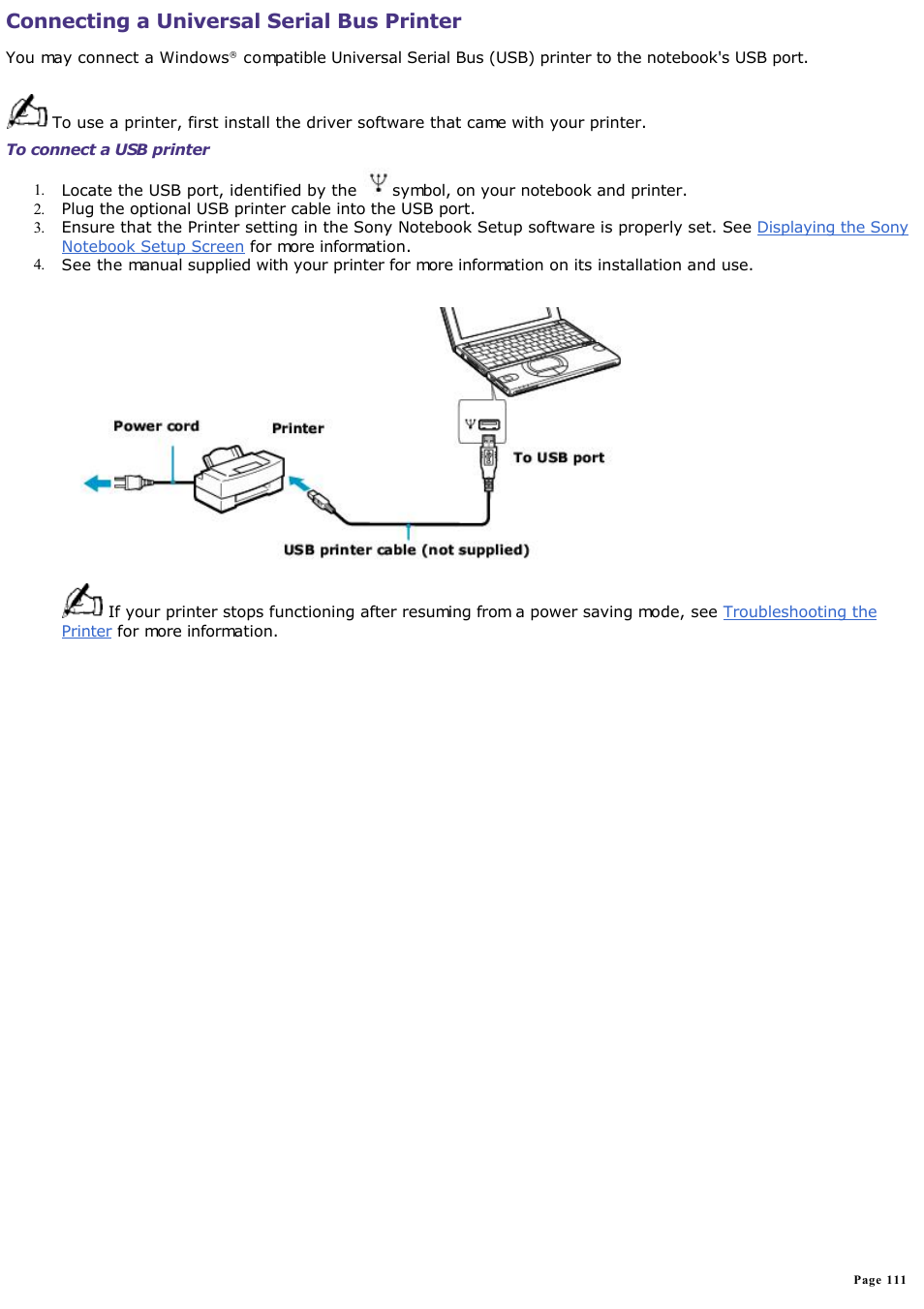 Connecting a universal serial bus printer | Sony PCG-SR33K User Manual | Page 111 / 298