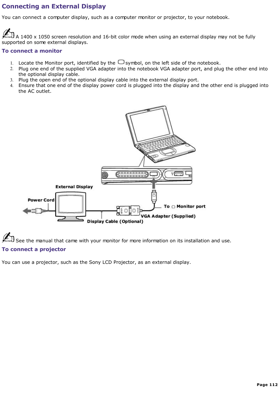 Connecting an external display | Sony PCG-SR33K User Manual | Page 112 / 298