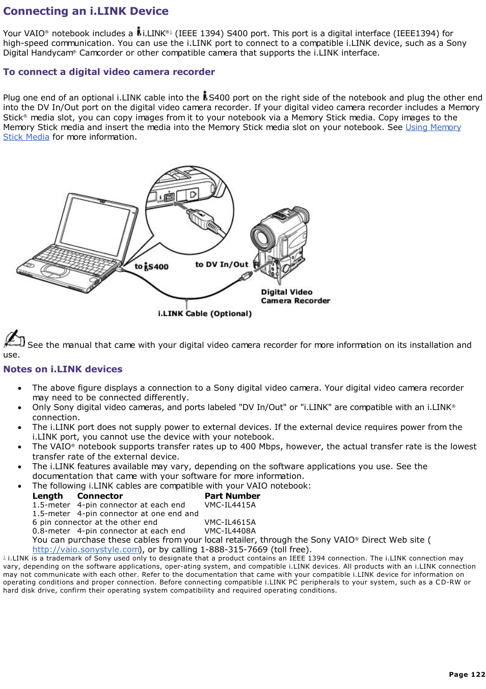 Connecting an i.link device | Sony PCG-SR33K User Manual | Page 122 / 298