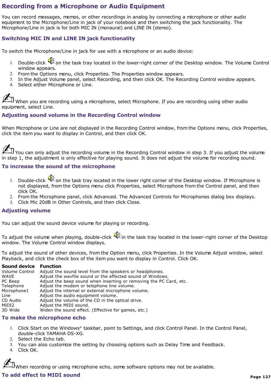 Switching mic in and line in jack functionality, Recording from a microphone or audio equipment | Sony PCG-SR33K User Manual | Page 127 / 298