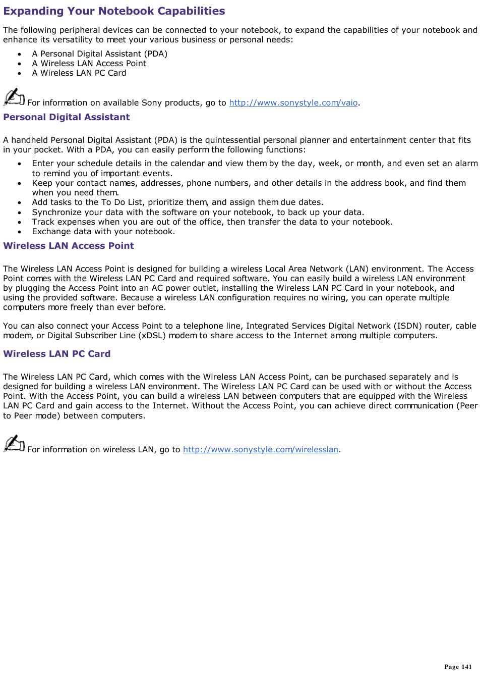Wireless lan access point | Sony PCG-SR33K User Manual | Page 141 / 298