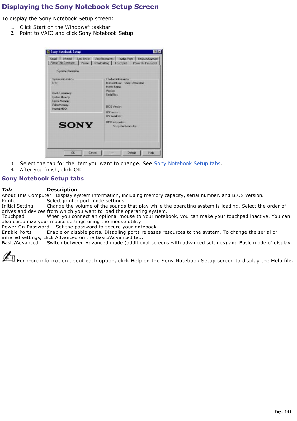 Displaying the sony notebook setup screen, Displaying the sony, Notebook setup screen | For m | Sony PCG-SR33K User Manual | Page 144 / 298