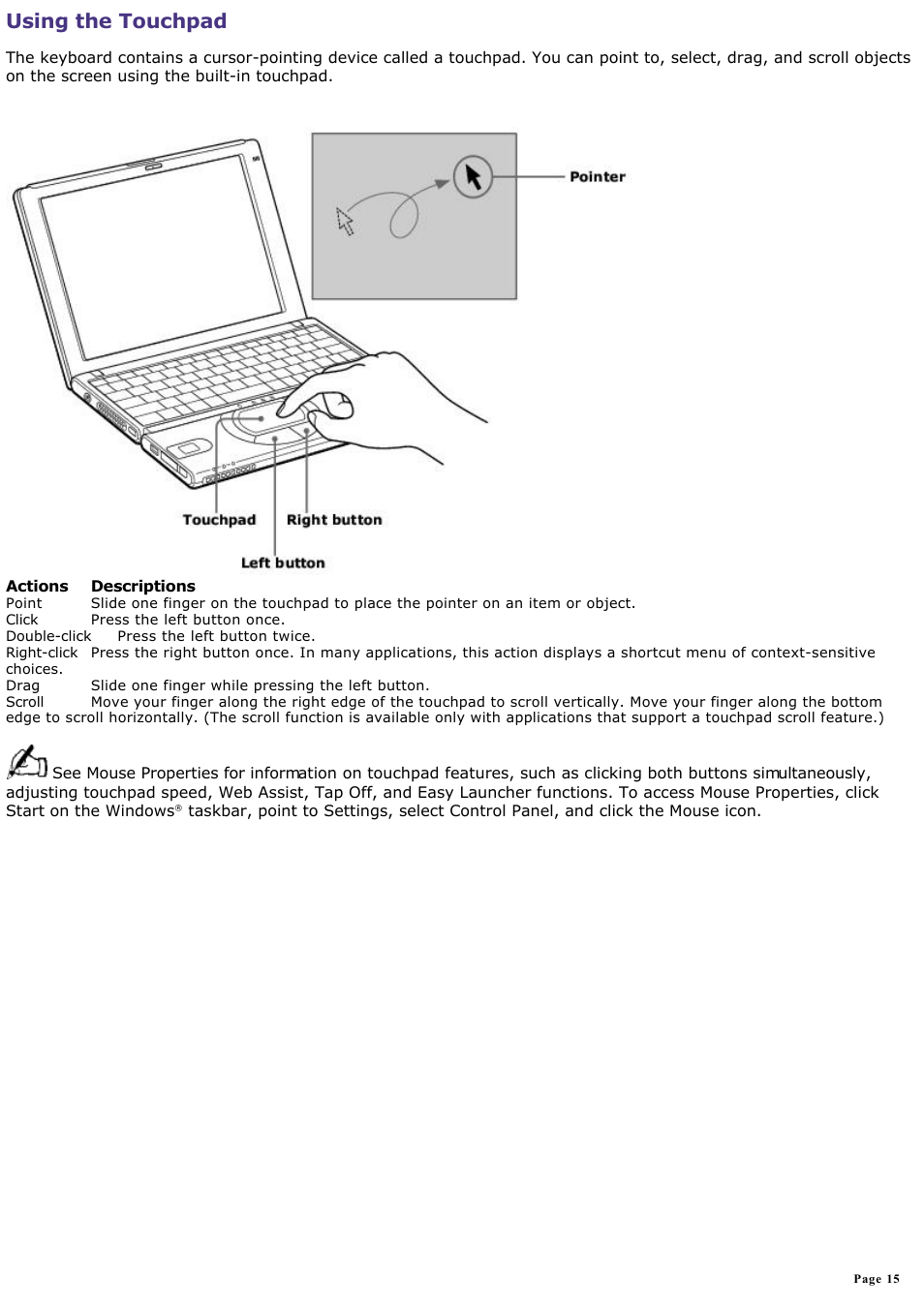 Using the touchpad | Sony PCG-SR33K User Manual | Page 15 / 298