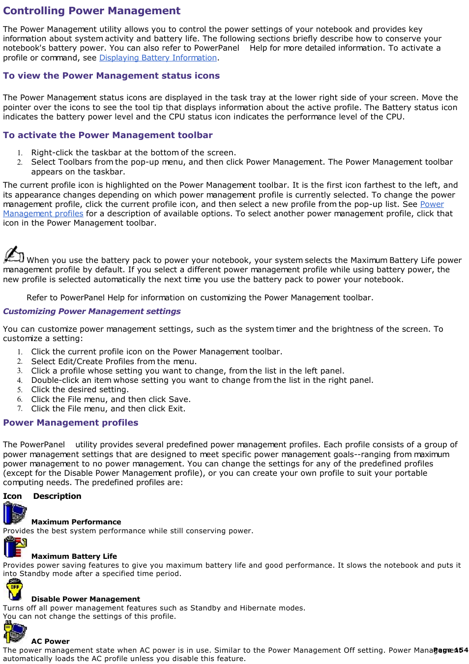 Power management commands, Controlling power management | Sony PCG-SR33K User Manual | Page 154 / 298