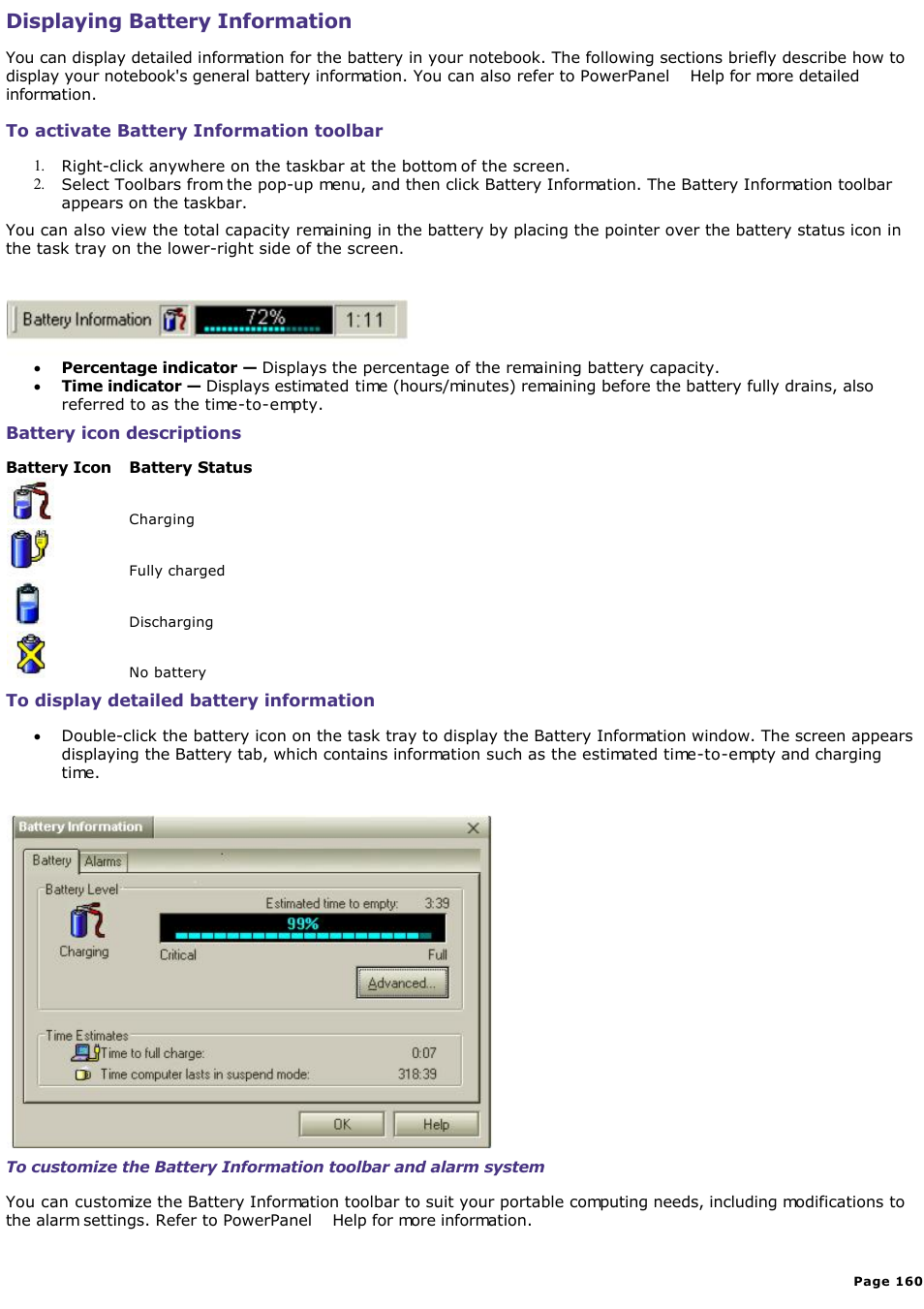 Battery icon descriptions, Displaying battery information | Sony PCG-SR33K User Manual | Page 160 / 298