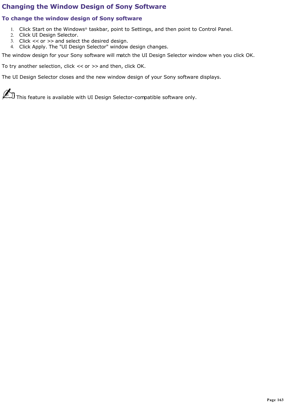 To change the window design of sony software, Changing the window design of sony software | Sony PCG-SR33K User Manual | Page 163 / 298