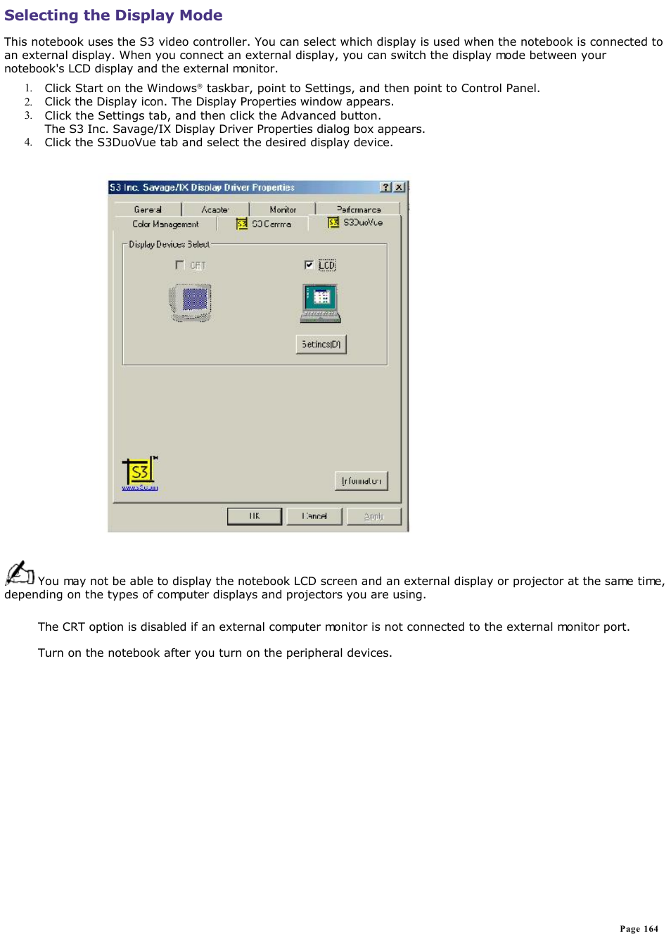 Selecting the display mode | Sony PCG-SR33K User Manual | Page 164 / 298