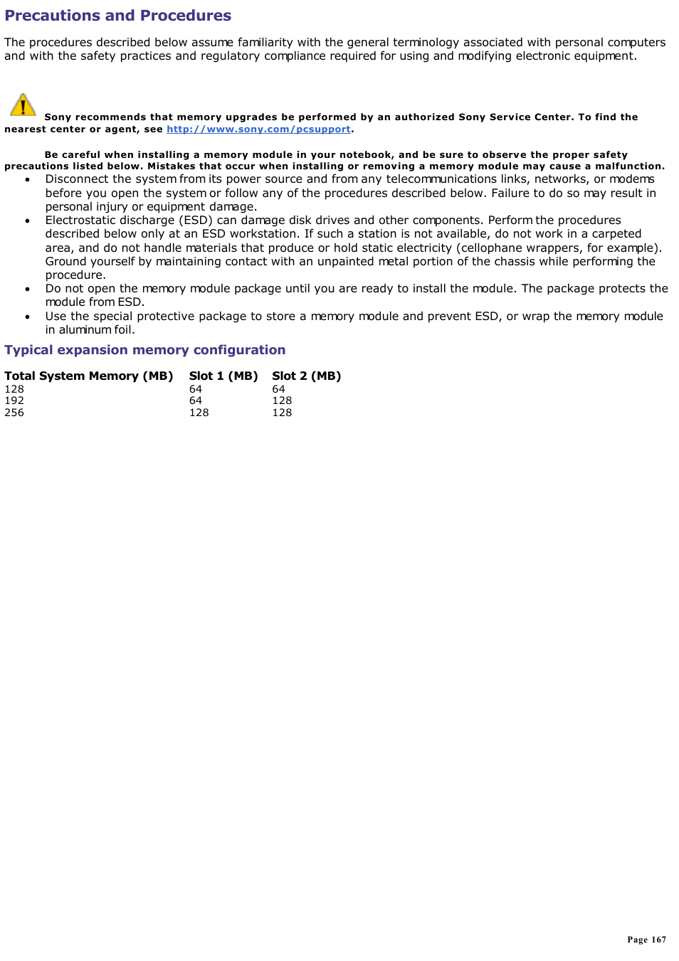 Typical expansion memory configuration, Precautions and procedures | Sony PCG-SR33K User Manual | Page 167 / 298