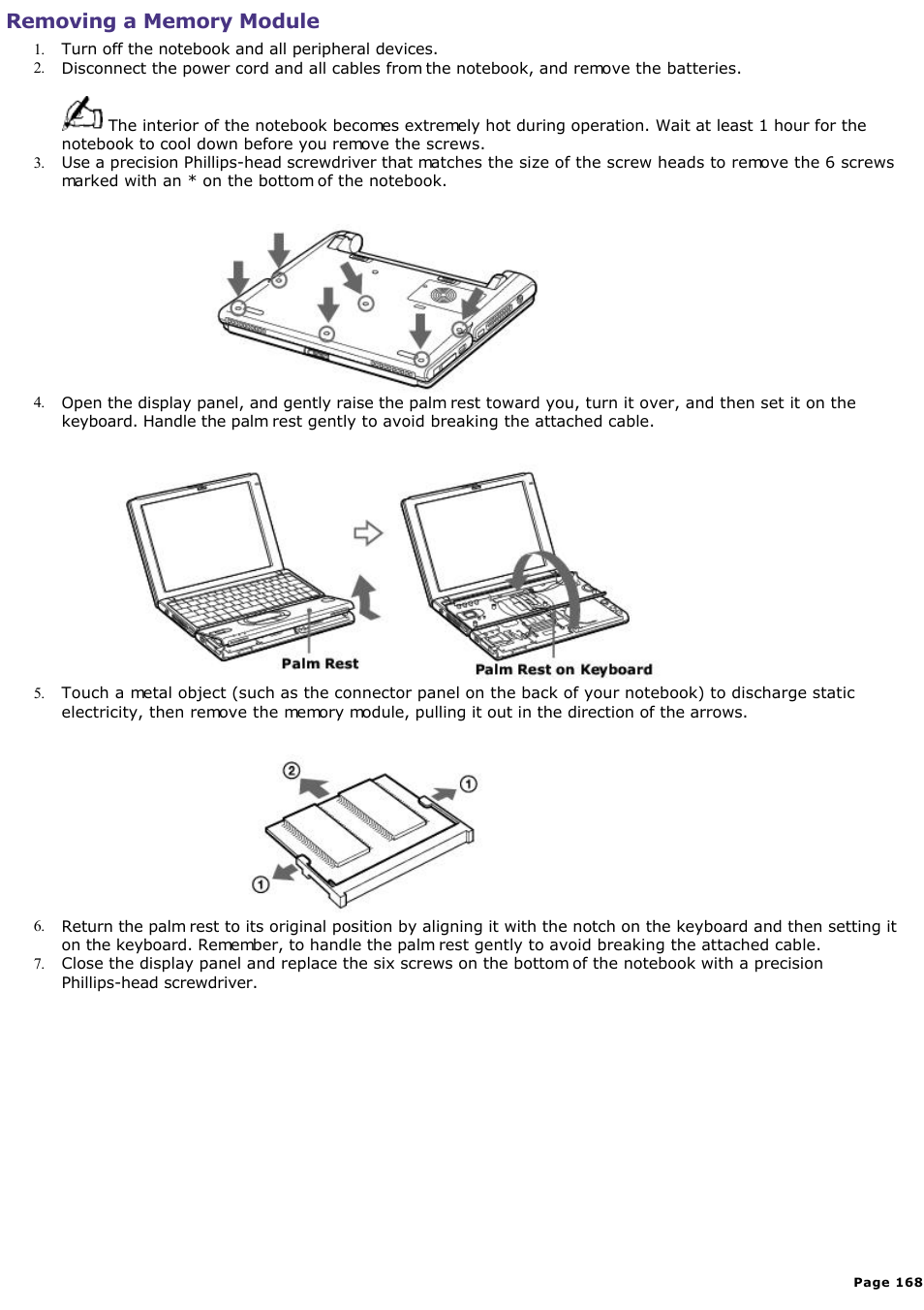 Removing a memory module | Sony PCG-SR33K User Manual | Page 168 / 298