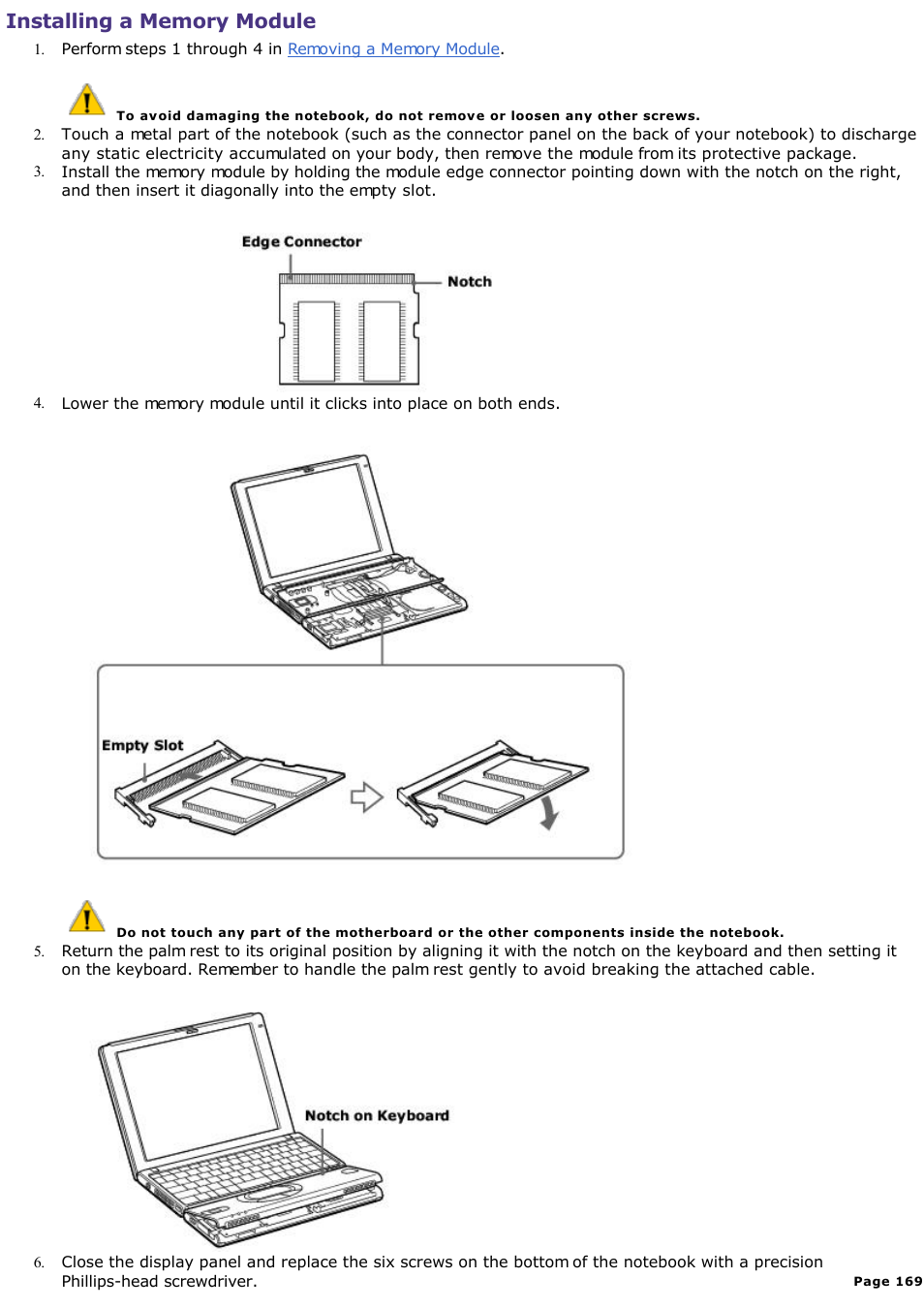 Installing a memory module | Sony PCG-SR33K User Manual | Page 169 / 298