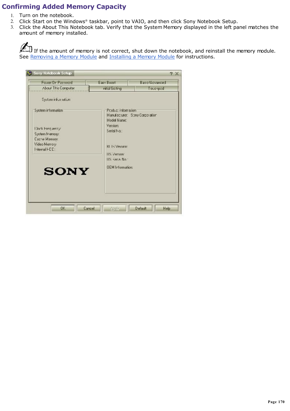 Confirming added memory capacity | Sony PCG-SR33K User Manual | Page 170 / 298