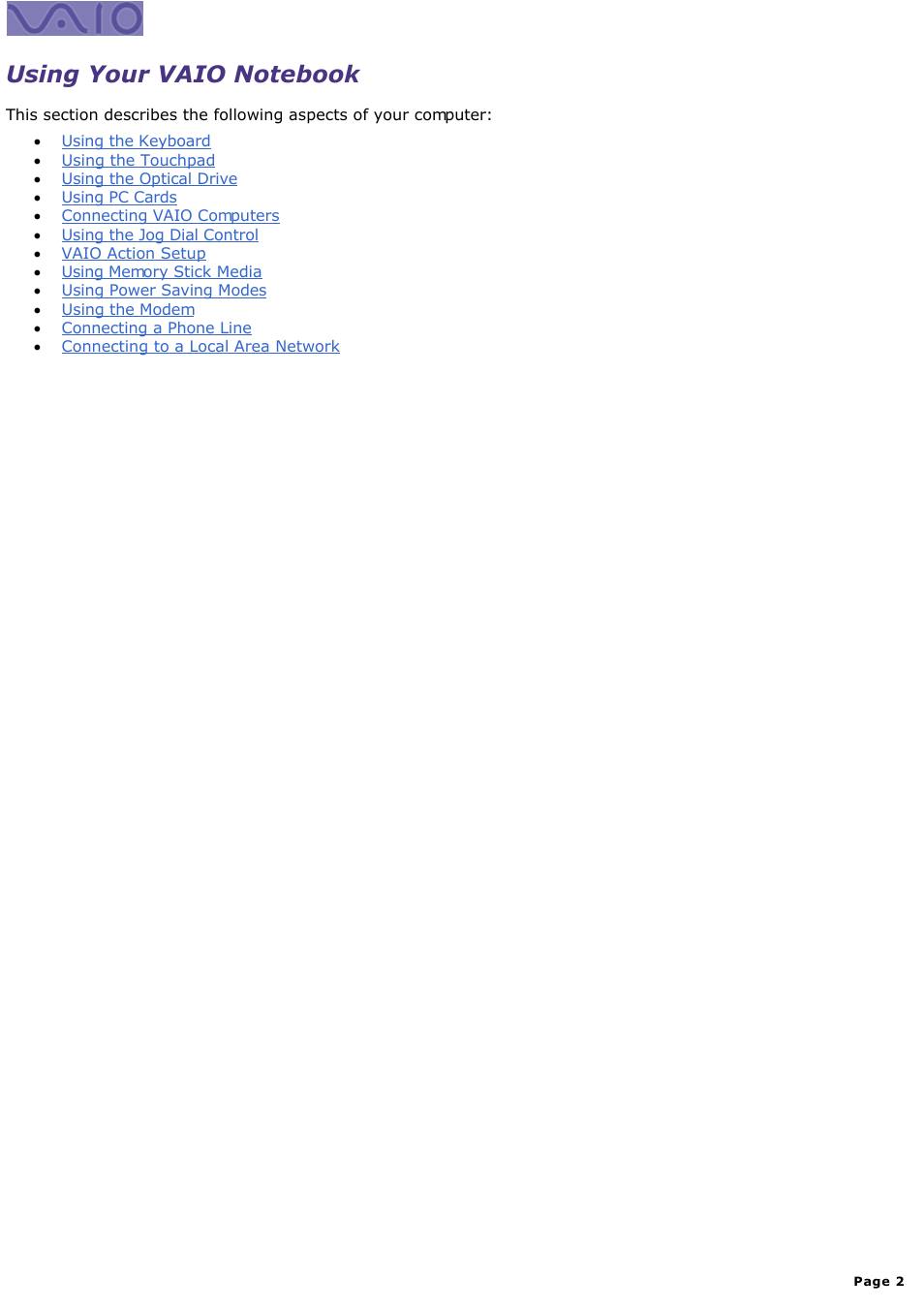 Using your vaio notebook | Sony PCG-SR33K User Manual | Page 2 / 298