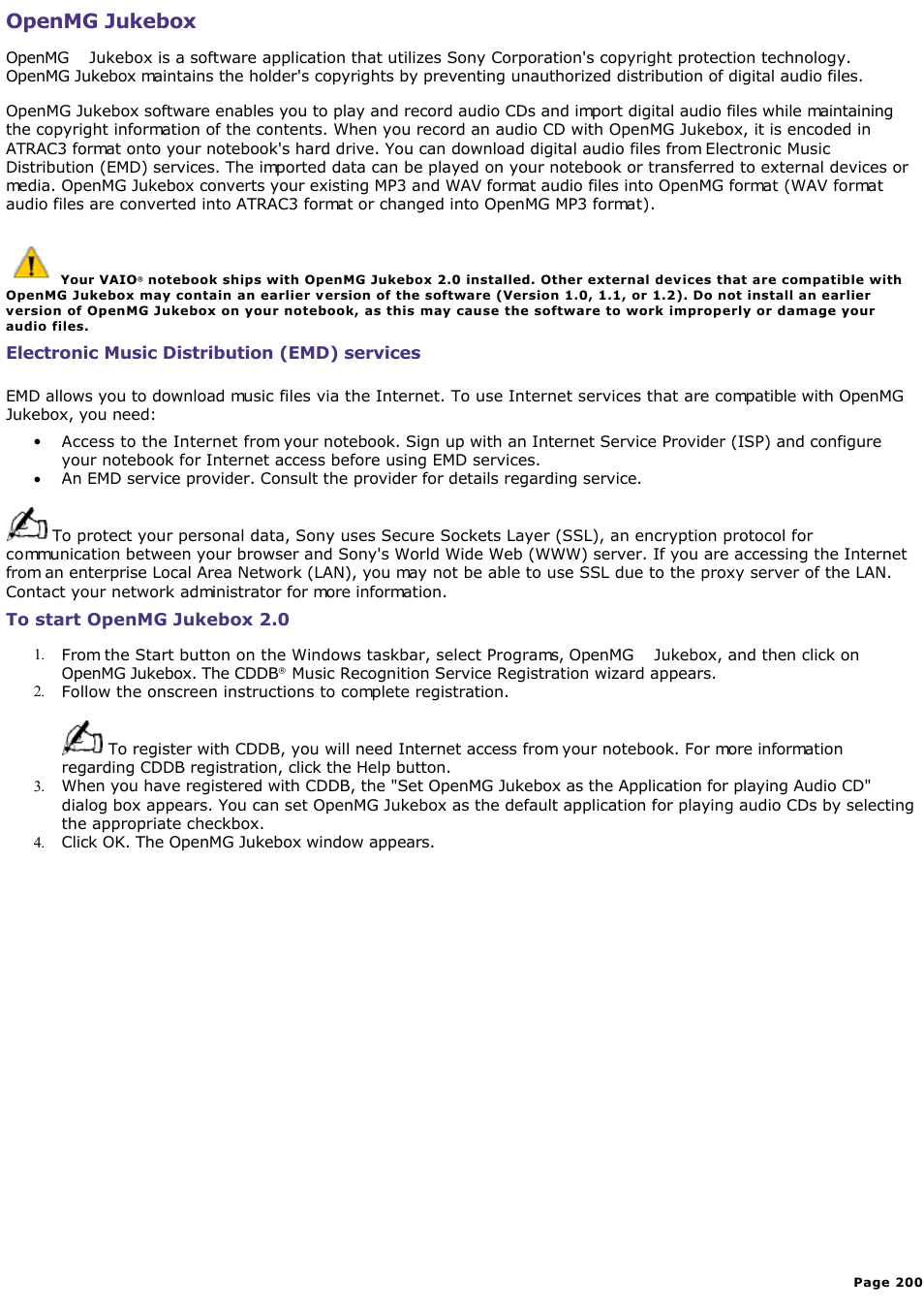 To record a cd, Openmg jukebox | Sony PCG-SR33K User Manual | Page 200 / 298