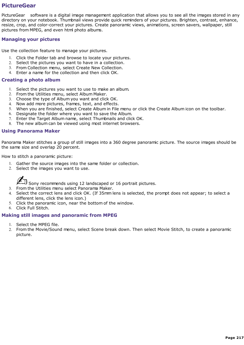 Managing your pictures, Picturegear | Sony PCG-SR33K User Manual | Page 217 / 298