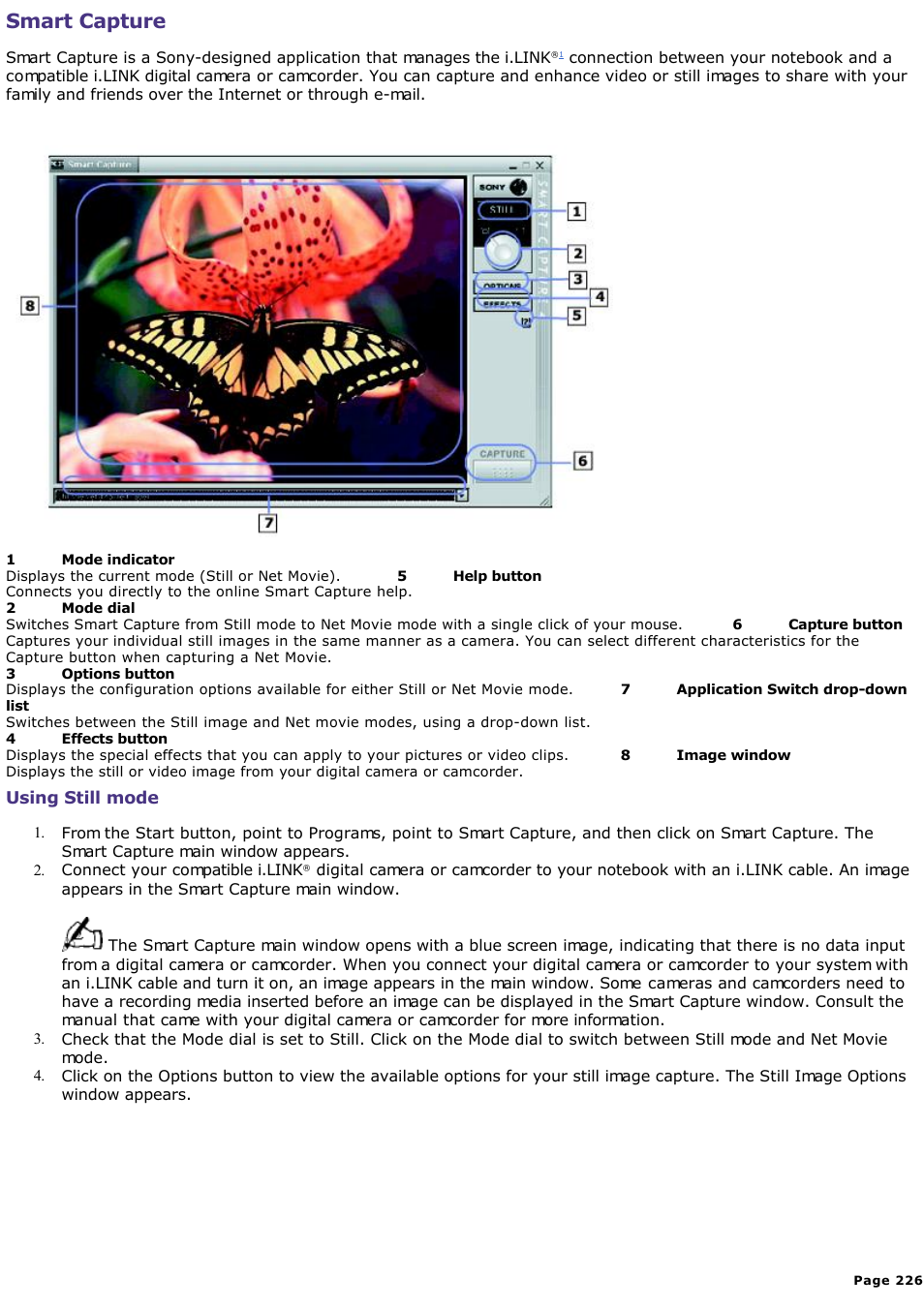 Using still mode, Smart capture | Sony PCG-SR33K User Manual | Page 226 / 298