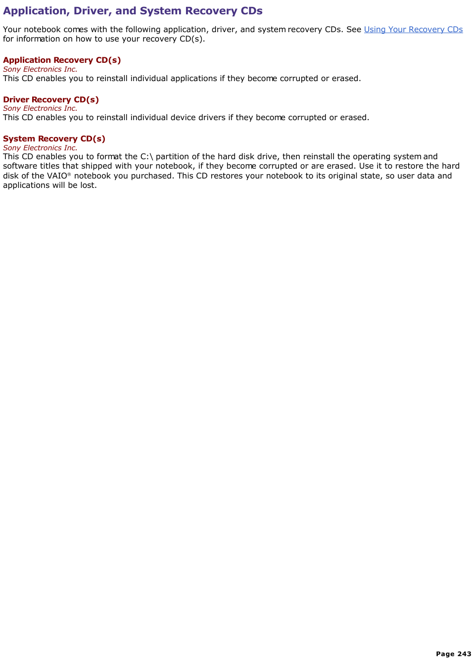 Application, driver, and system recovery cds | Sony PCG-SR33K User Manual | Page 243 / 298