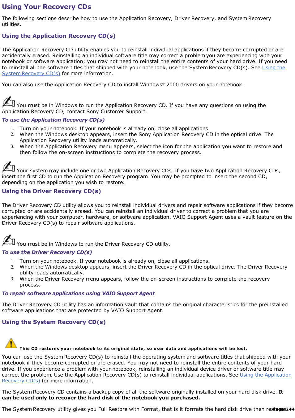 Using your recovery cds | Sony PCG-SR33K User Manual | Page 244 / 298