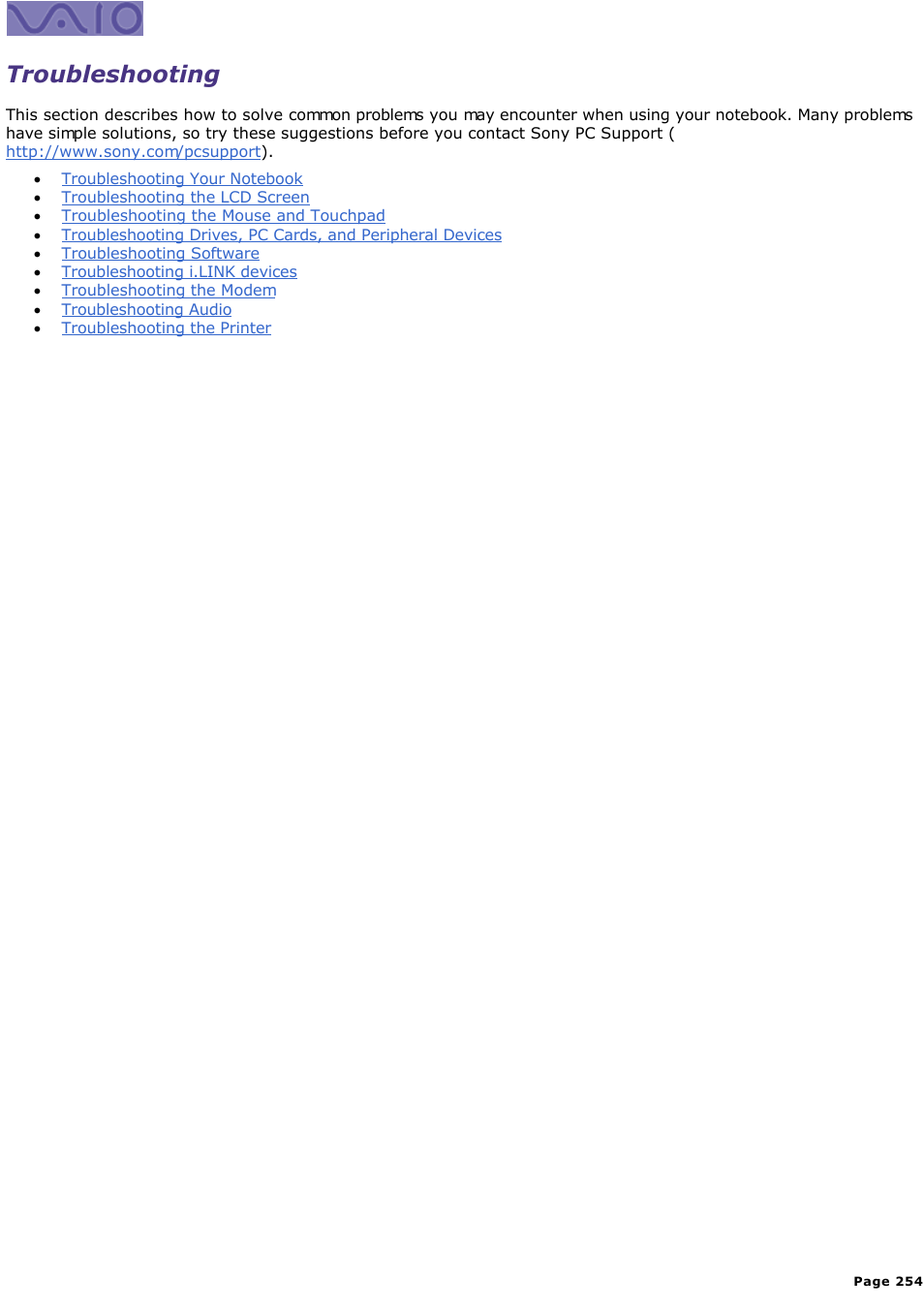 Troubleshooting | Sony PCG-SR33K User Manual | Page 254 / 298