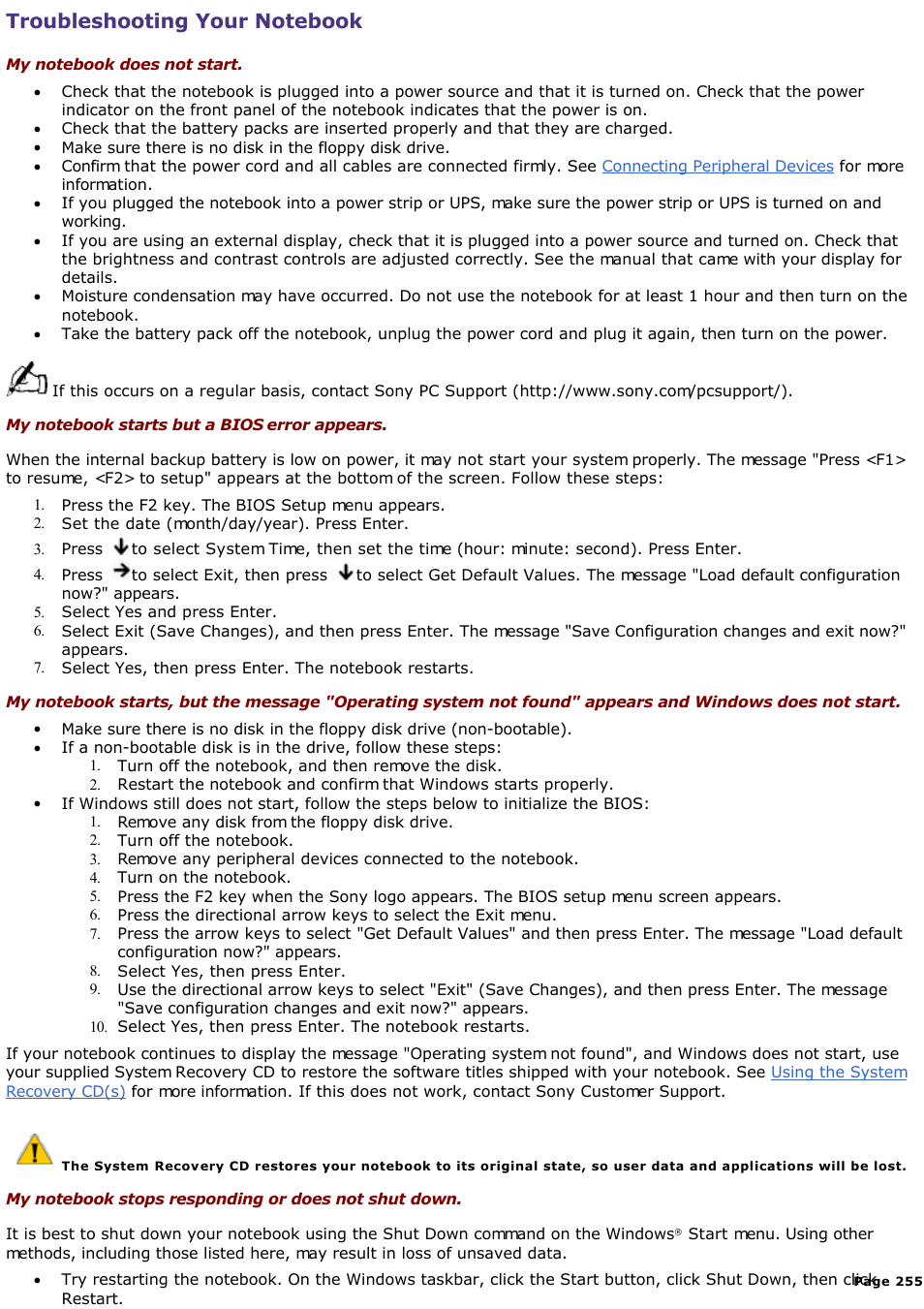 Troubleshooting your notebook | Sony PCG-SR33K User Manual | Page 255 / 298