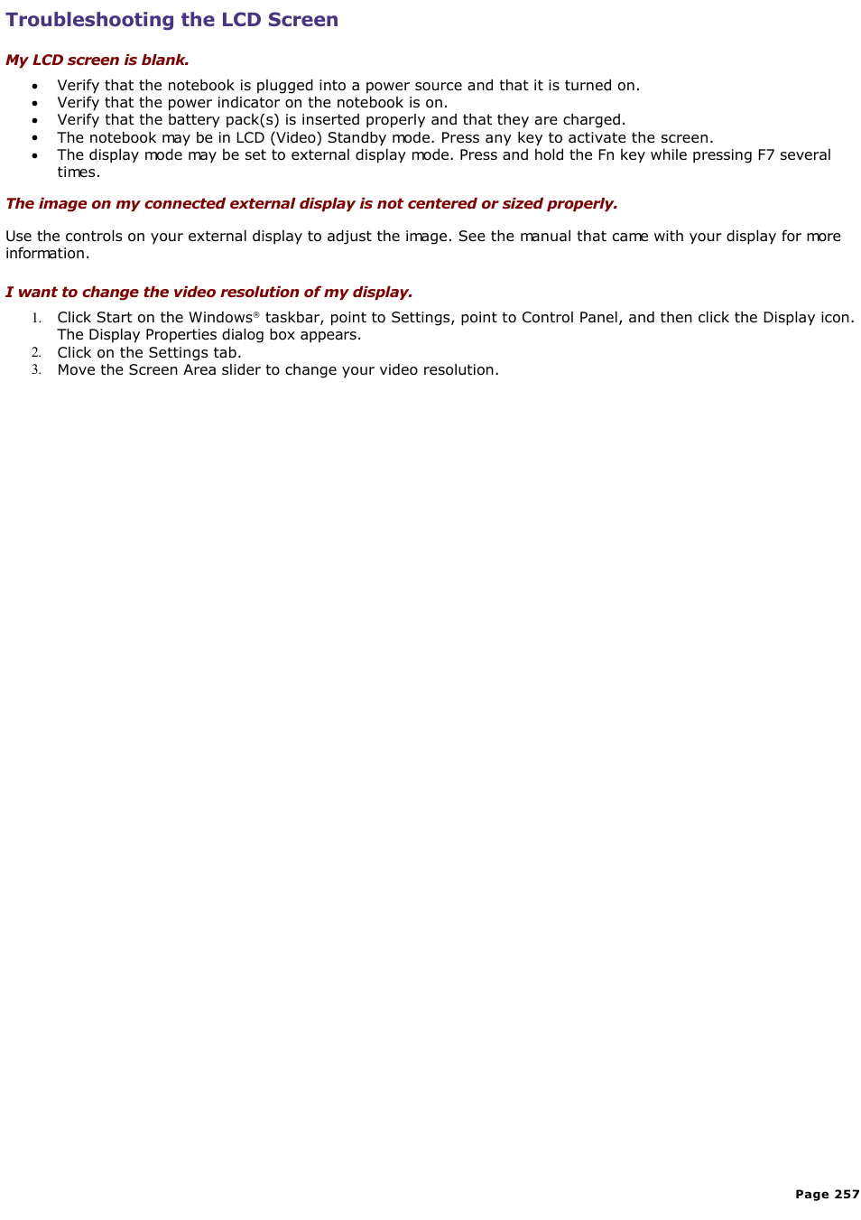 Troubleshooting the lcd screen | Sony PCG-SR33K User Manual | Page 257 / 298