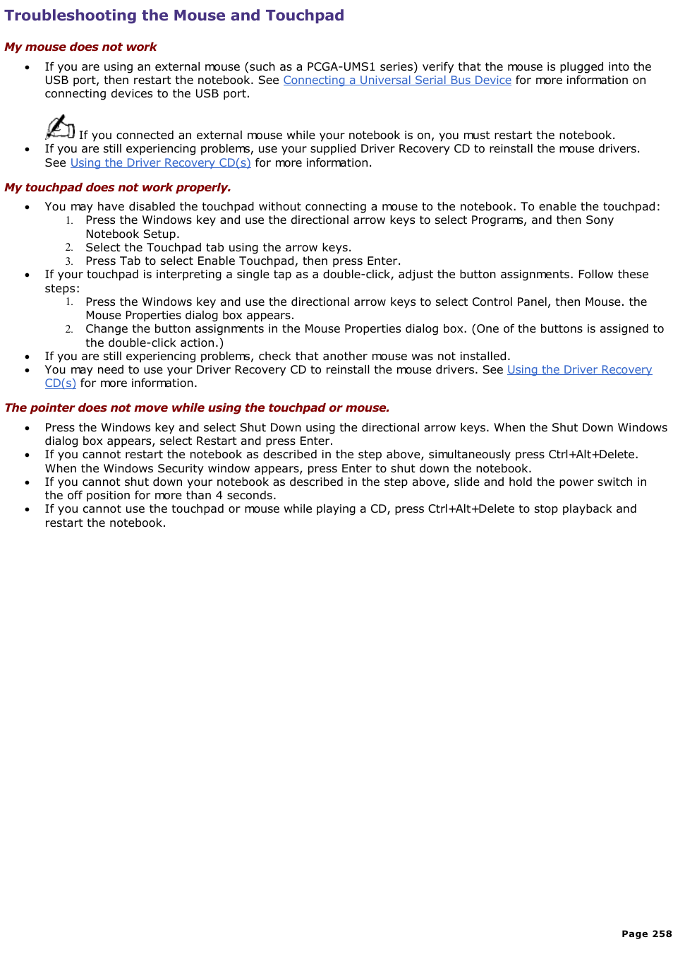 Troubleshooting the mouse and touchpad | Sony PCG-SR33K User Manual | Page 258 / 298