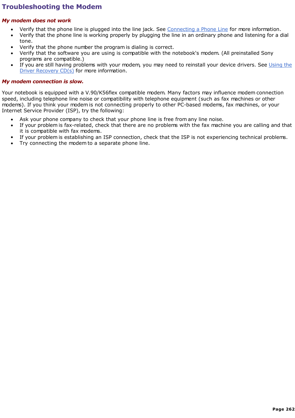 Troubleshooting the modem | Sony PCG-SR33K User Manual | Page 262 / 298