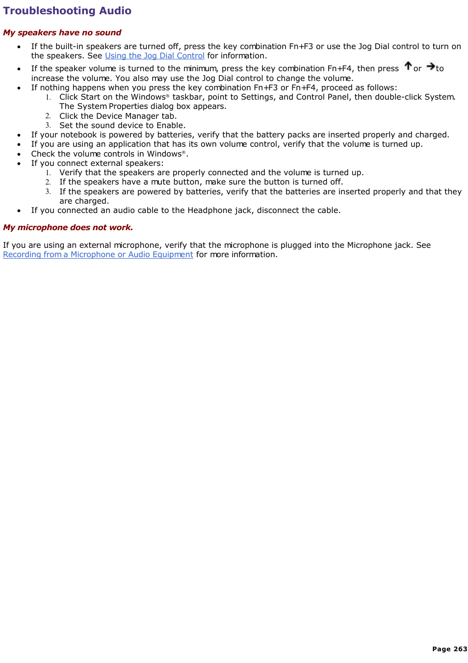 Troubleshooting audio | Sony PCG-SR33K User Manual | Page 263 / 298