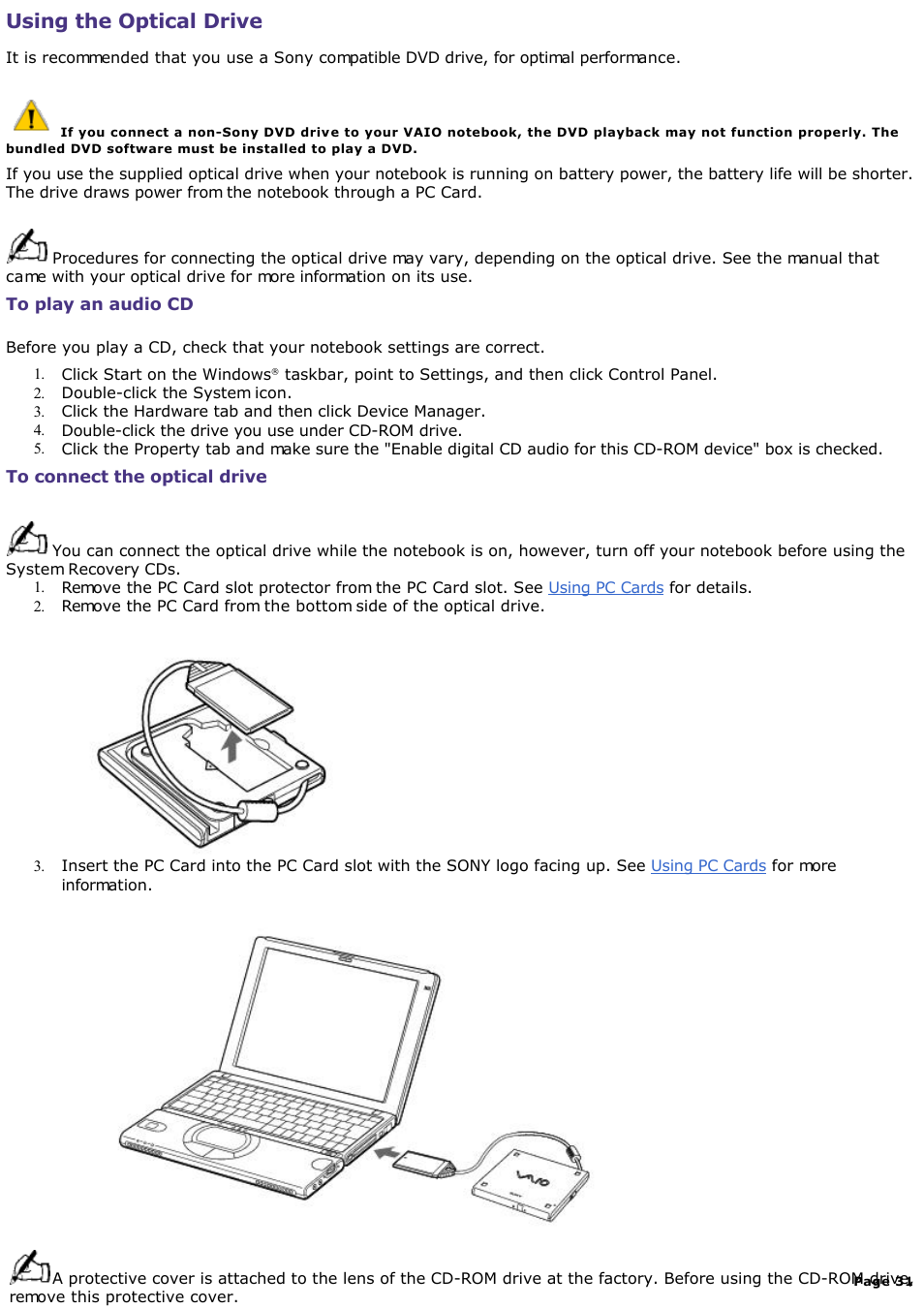 Notes on cd media, Using the optical drive | Sony PCG-SR33K User Manual | Page 31 / 298