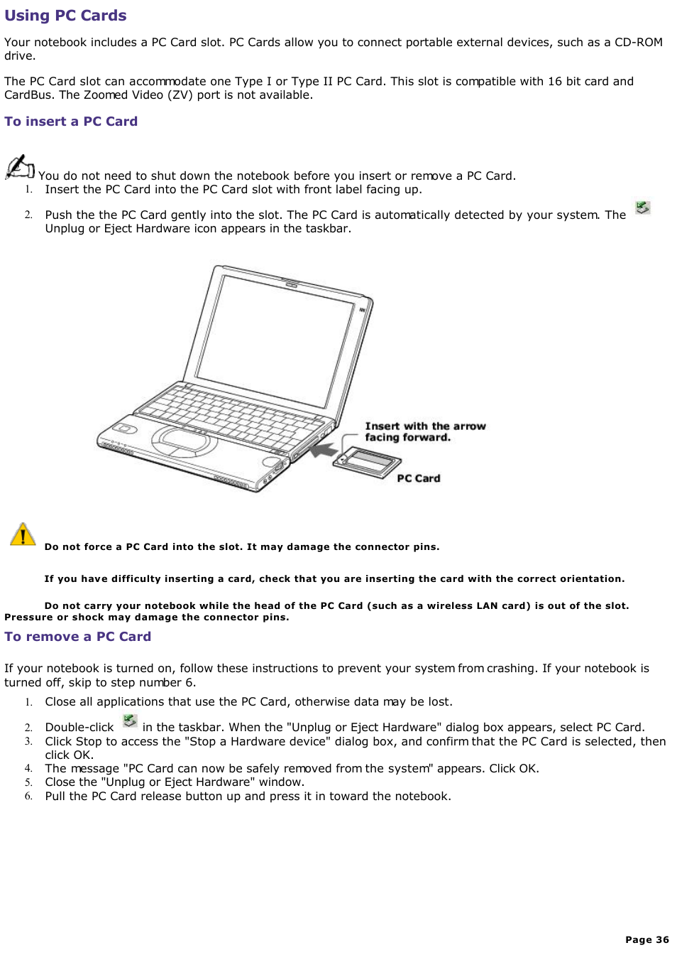 To insert a pc card, Using pc cards | Sony PCG-SR33K User Manual | Page 36 / 298