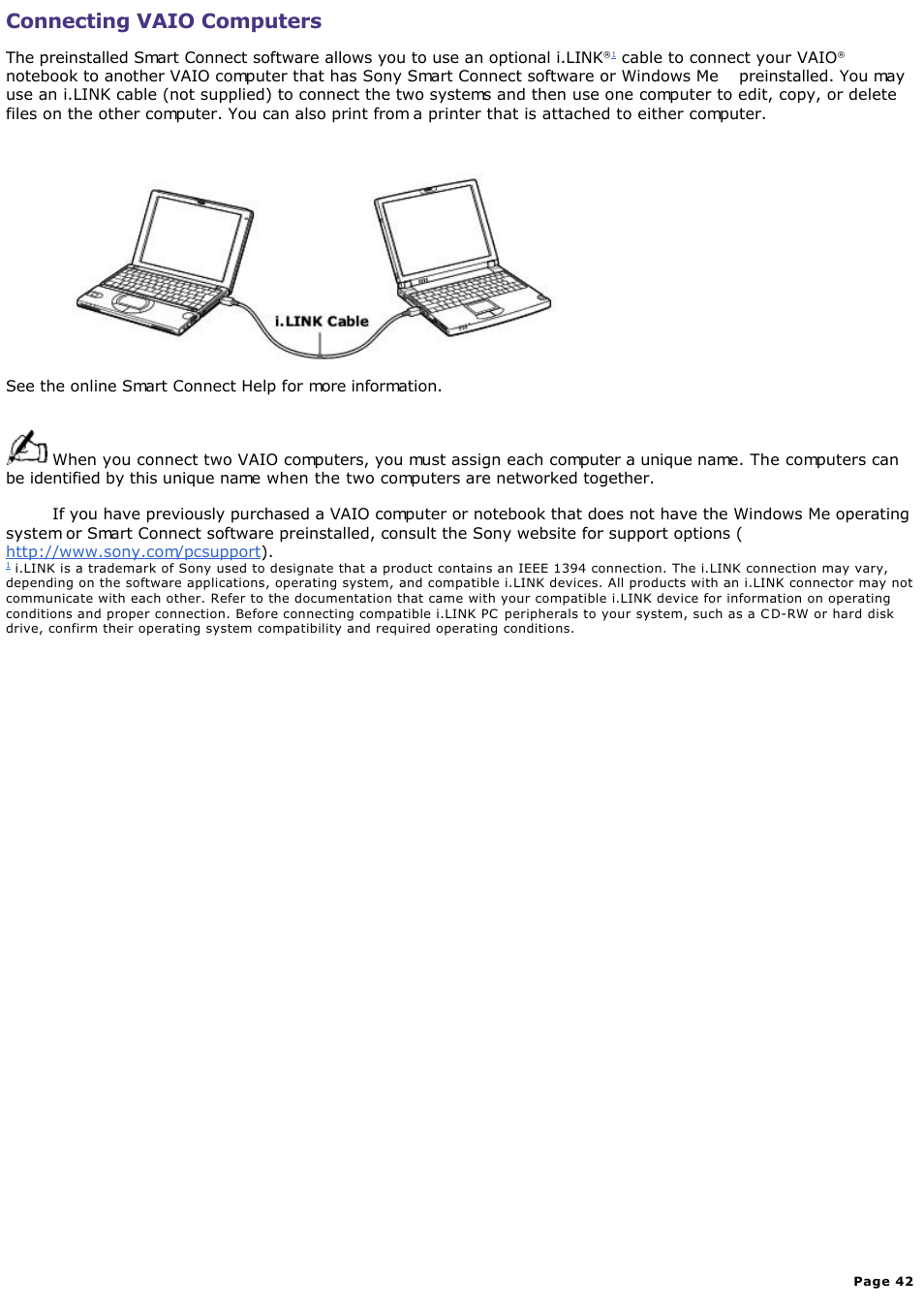 Connecting vaio computers | Sony PCG-SR33K User Manual | Page 42 / 298