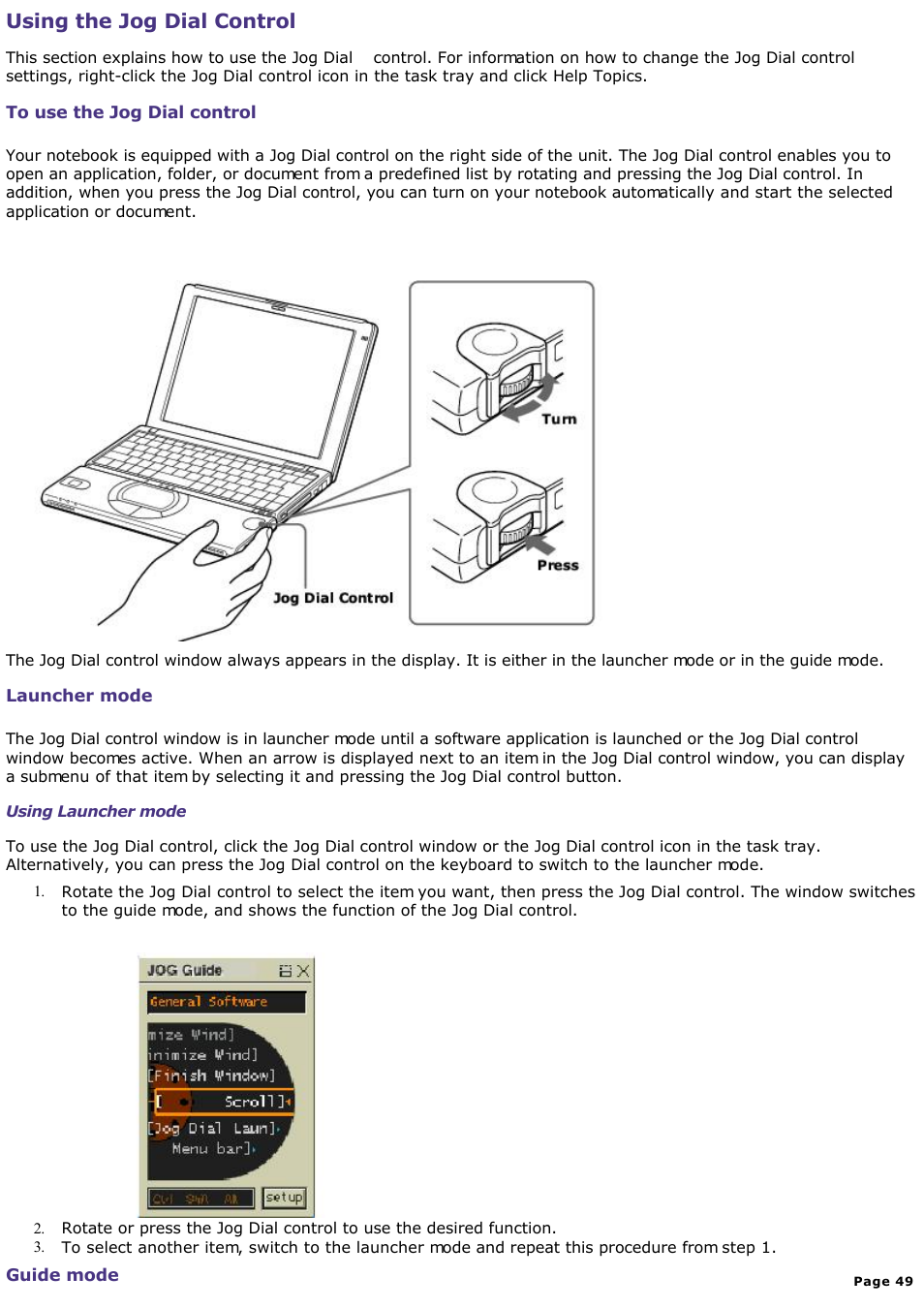 Guide mode, Using the jog dial control | Sony PCG-SR33K User Manual | Page 49 / 298