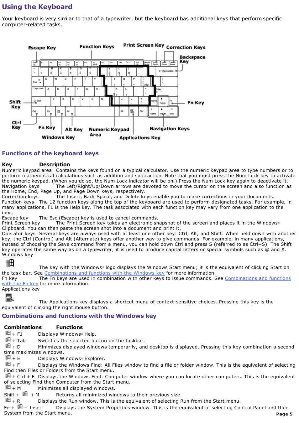 Functions of the keyboard keys, Using the keyboard | Sony PCG-SR33K User Manual | Page 5 / 298
