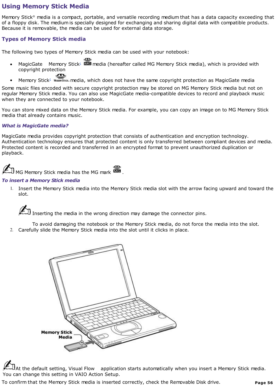 Using memory stick media | Sony PCG-SR33K User Manual | Page 56 / 298