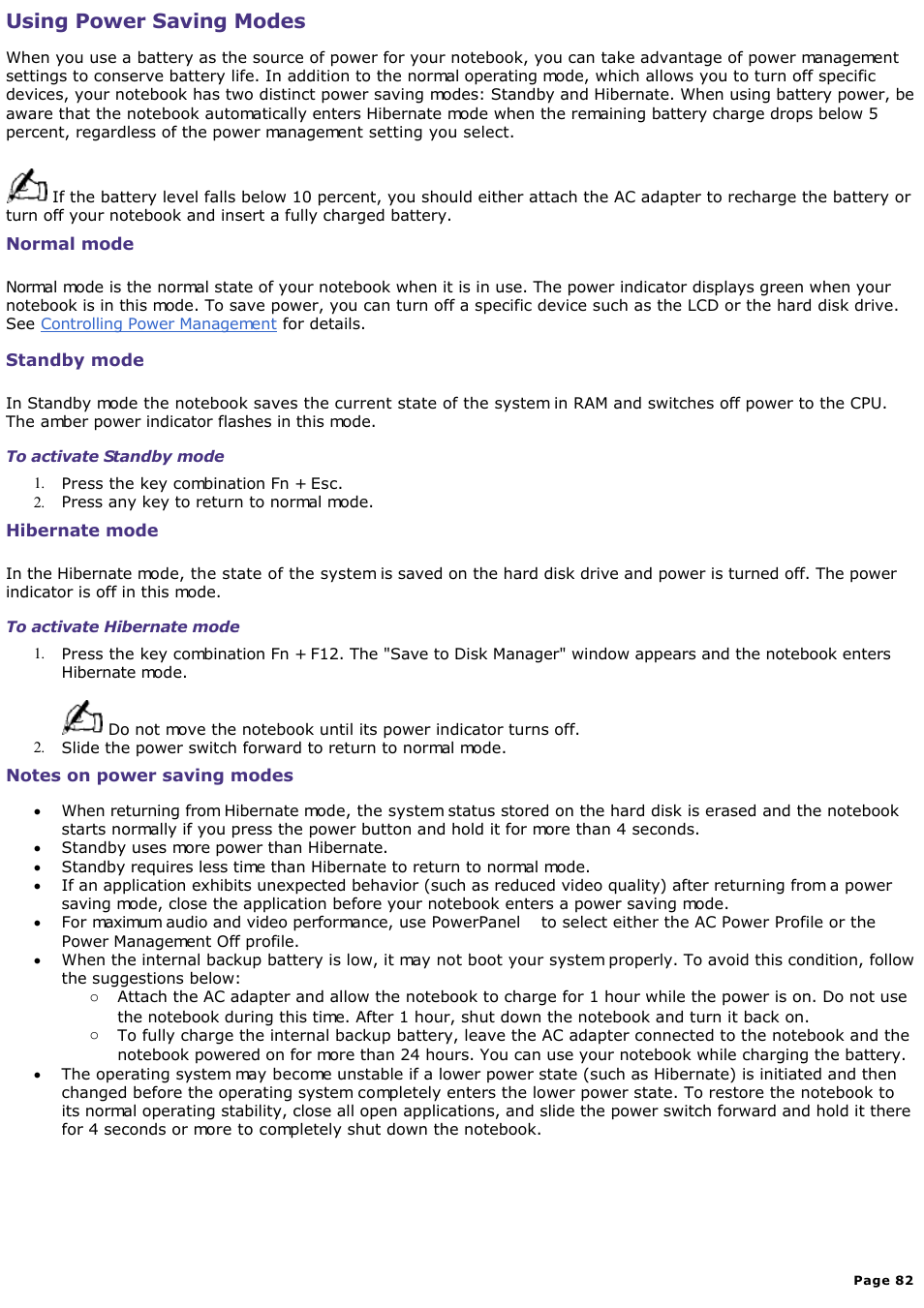 Standby mode, Using power saving modes | Sony PCG-SR33K User Manual | Page 82 / 298