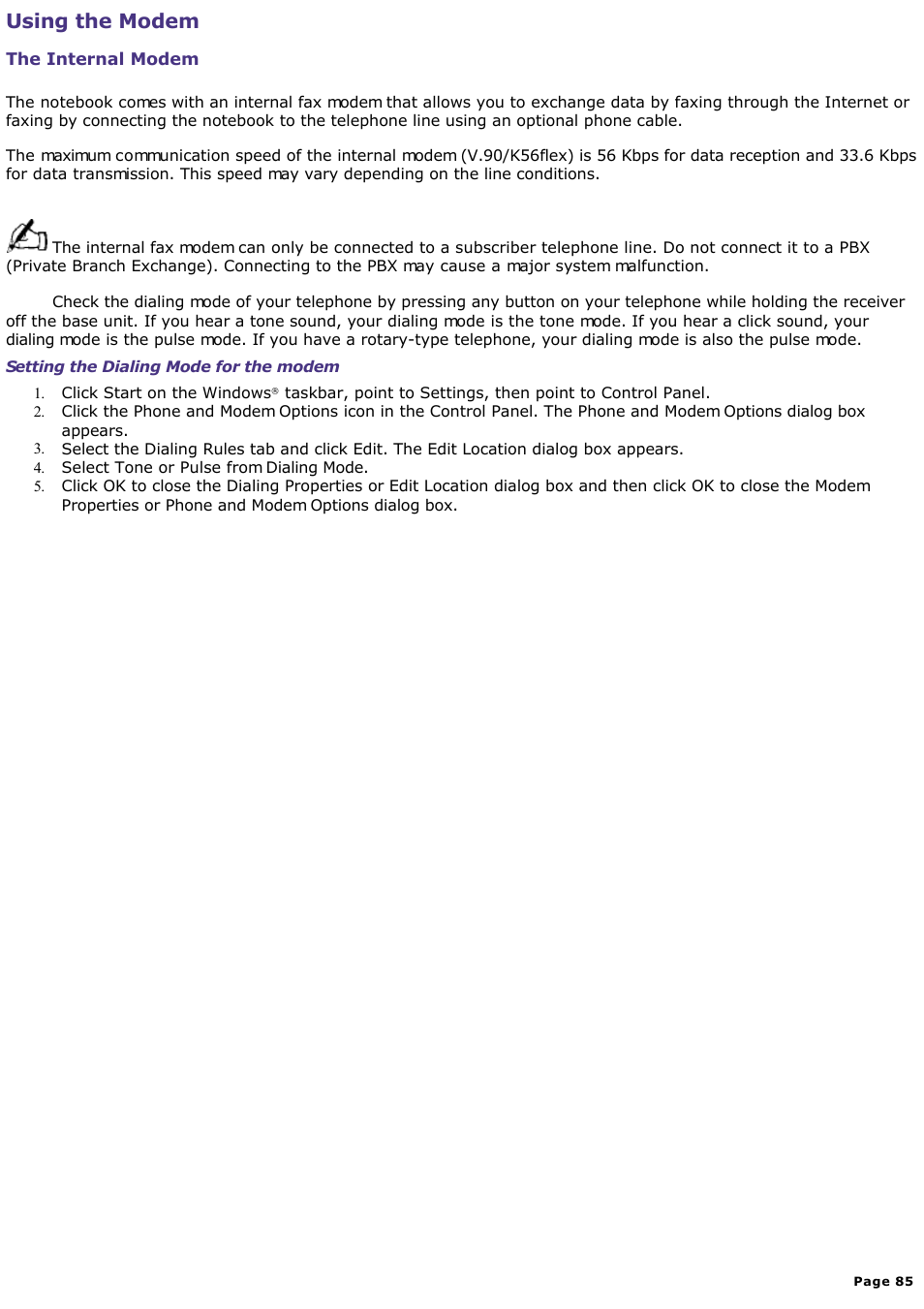 Using the modem | Sony PCG-SR33K User Manual | Page 85 / 298