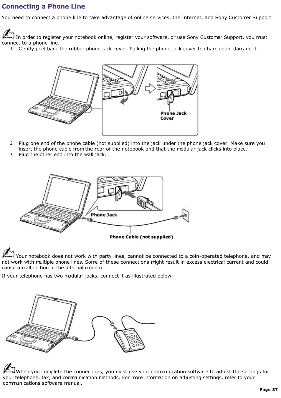 Connecting a phone line | Sony PCG-SR33K User Manual | Page 87 / 298