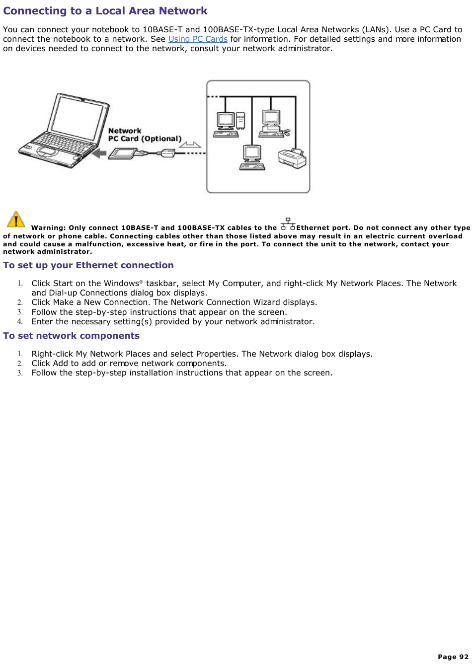 To set up your ethernet connection, Connecting to a local area network | Sony PCG-SR33K User Manual | Page 92 / 298