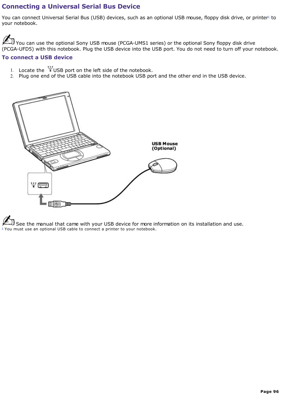 To connect a usb device, Connecting a universal serial bus device | Sony PCG-SR33K User Manual | Page 96 / 298