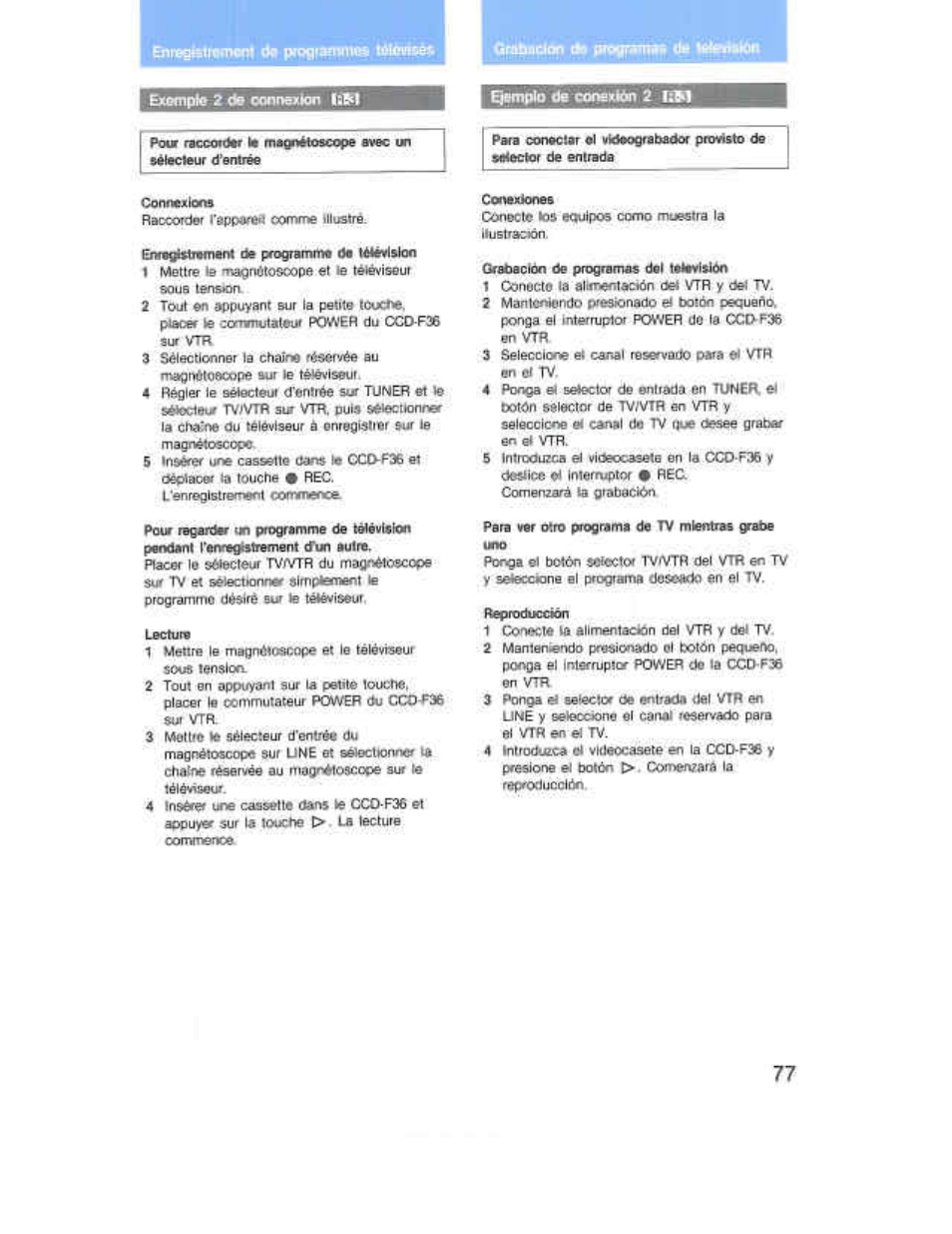 Ireç»ir«mont ü« progiamme» ttiomet, Tntplo de conexiàn 2 №1, Cennexona | Som tension, Bo vtr, Reproducción, R^roducción | Sony CCD-F36 User Manual | Page 105 / 156