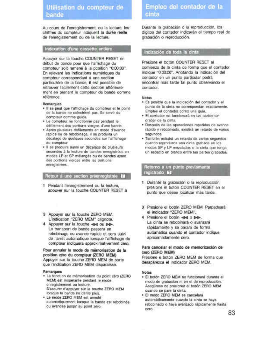 Utilisation du compteur de bande, Empleo del contador d» te cinta, Indexation d'une cassette entière | Rôtojt a lvio section prèervegèstiée fl, Retorrra a un punto previemente registrado в, Presane é tiitón zero mem oe forma que, Empleo dol contador de la cinta | Sony CCD-F36 User Manual | Page 111 / 156