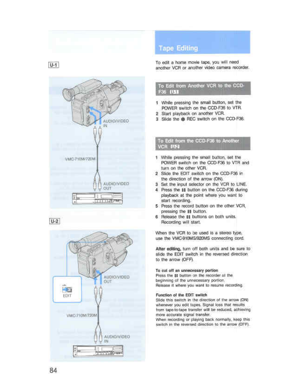 Tape &lhing, To edh irom anolher vcfl to the cco- f38 1!h, To edit from the ccd-f36 to another vcr nn | Sony CCD-F36 User Manual | Page 112 / 156