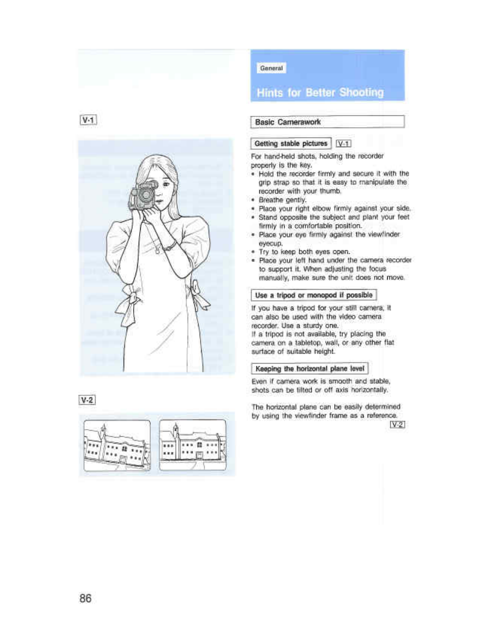 Hints for better shooting, Kou the reorder firmly and secure h wiin ihe, Eyecup | Even if canera mik ie smooth ard stabte, Hints tor oettcr shooting, V± hints for better shooting | Sony CCD-F36 User Manual | Page 114 / 156