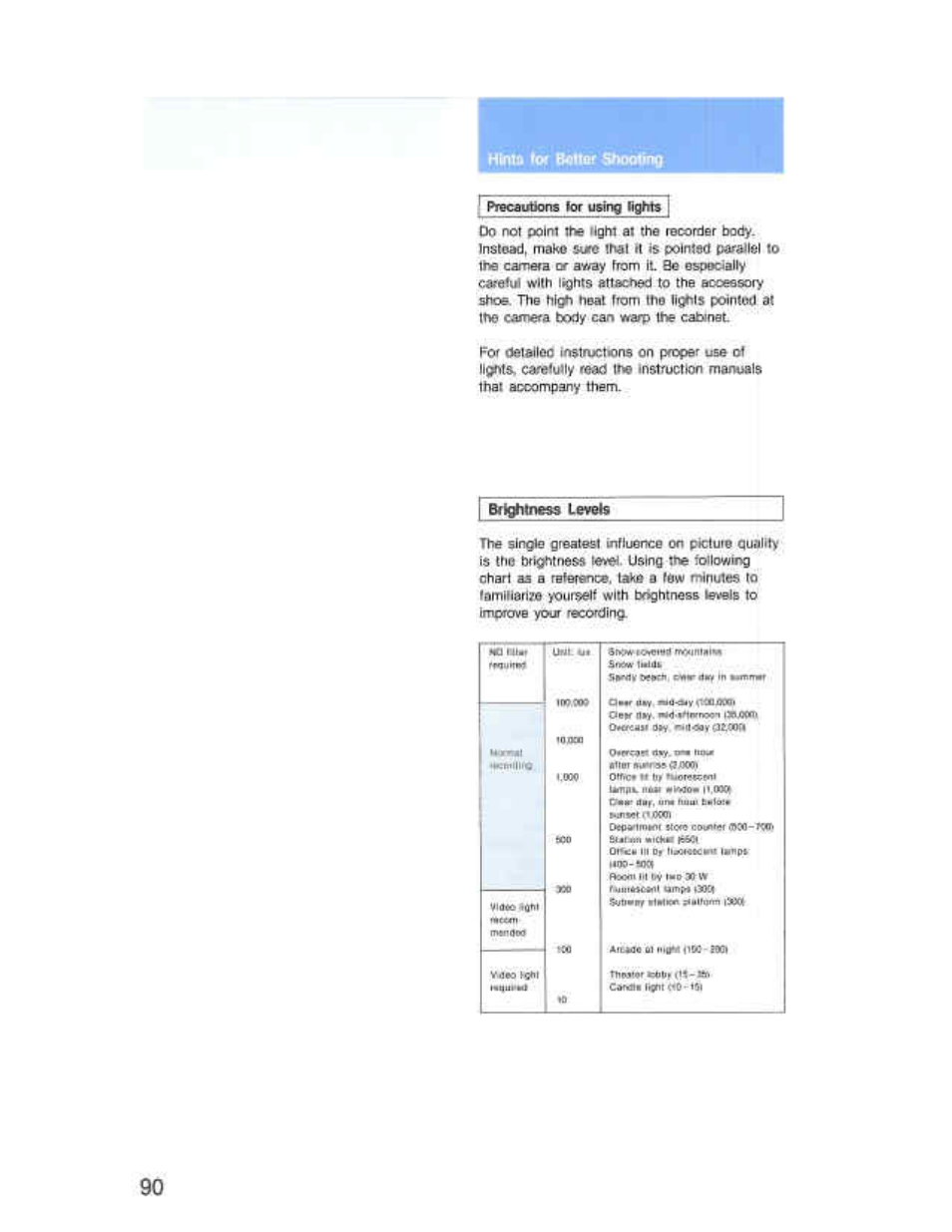 Hlnid tor b«ttar stiooting, Precaobons 1эг bghte | Sony CCD-F36 User Manual | Page 118 / 156