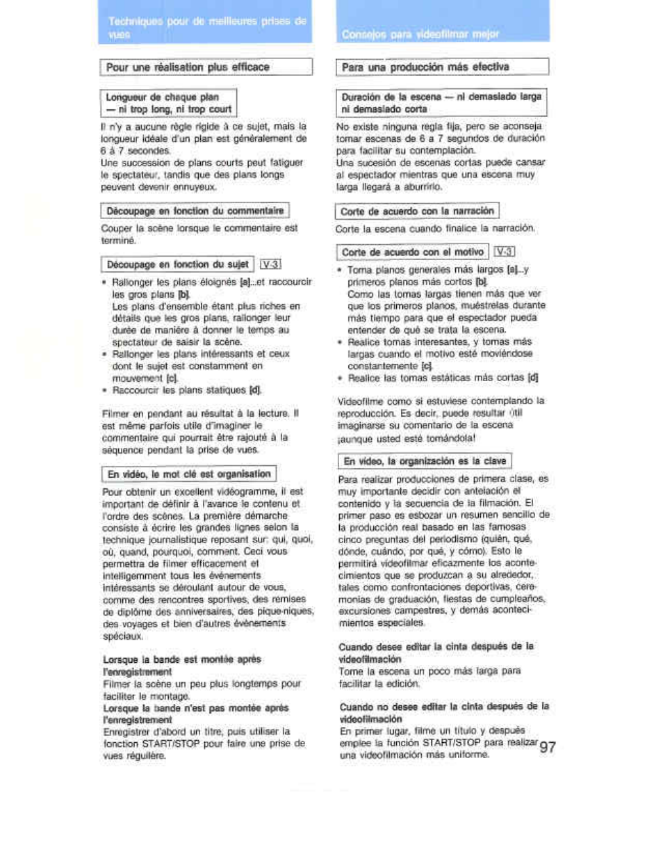 Pouf une réarsetion plus efficace, Pars una p'oductíón máa efectiva | Sony CCD-F36 User Manual | Page 125 / 156