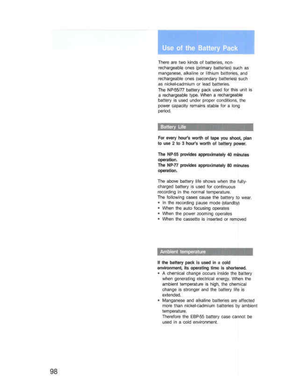 Use of the battery pack, Sanery ule, Ambteni tomperalure | Use of me battery pa.ik | Sony CCD-F36 User Manual | Page 126 / 156