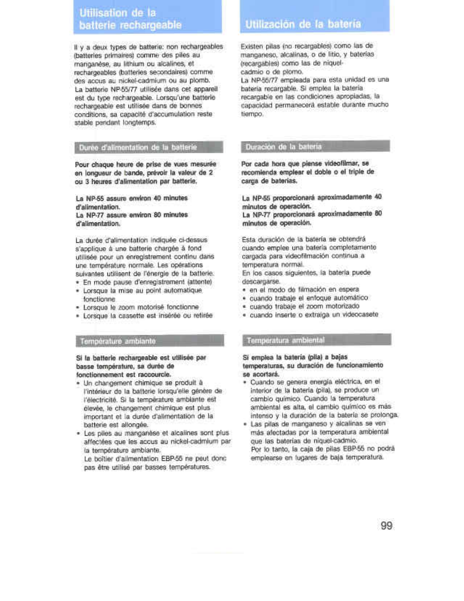 Utbisatlon de la batterie rechargeable, Torcuonne, L№ pâes au,manganèse et aicaiinea sont pluo | Máa aloctadas por la lempetaitas amoiontai | Sony CCD-F36 User Manual | Page 127 / 156