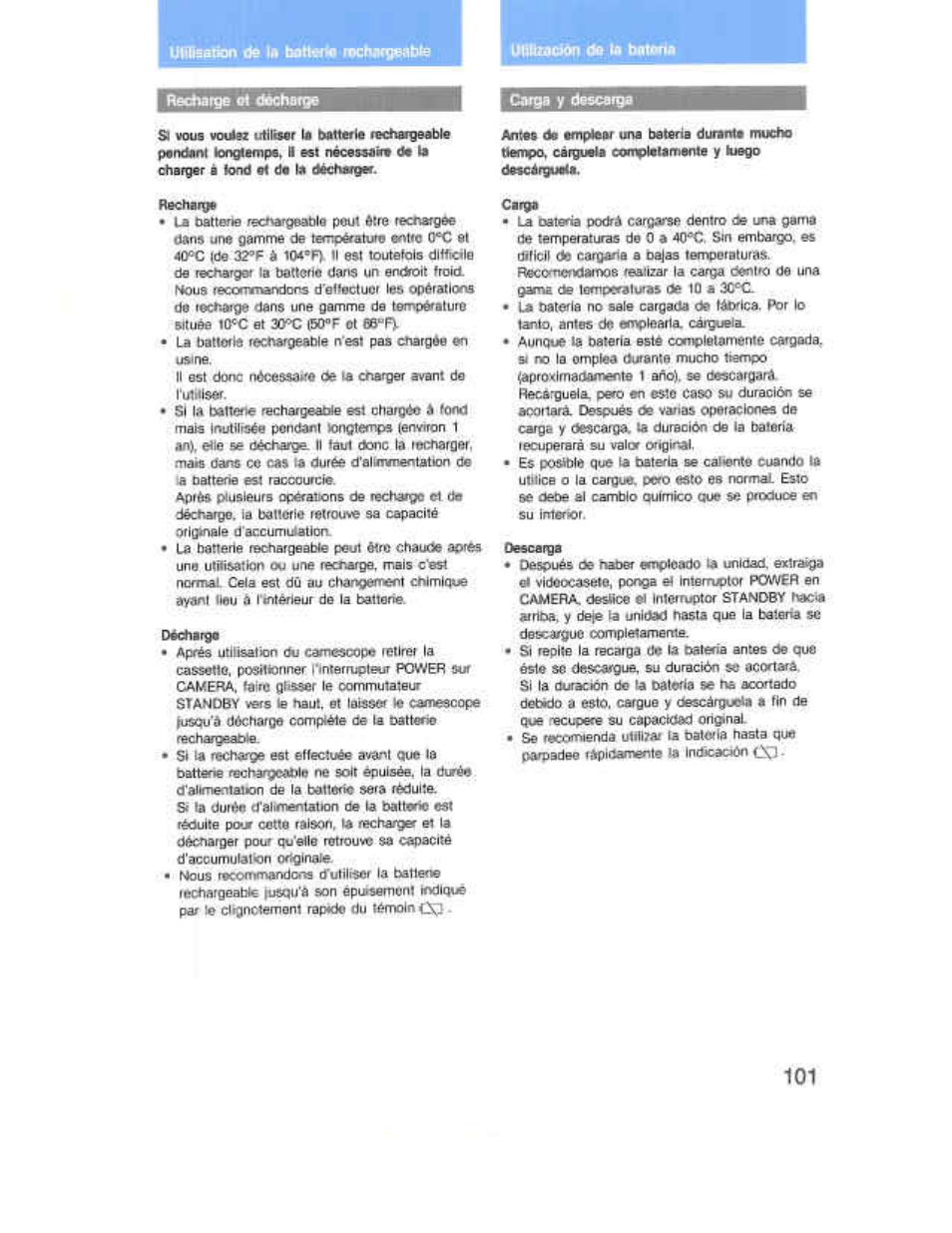 Aunque la balería e&td contpleian^me cergotla, Utilíce o la cargue, pero esto es normal esto | Sony CCD-F36 User Manual | Page 129 / 156