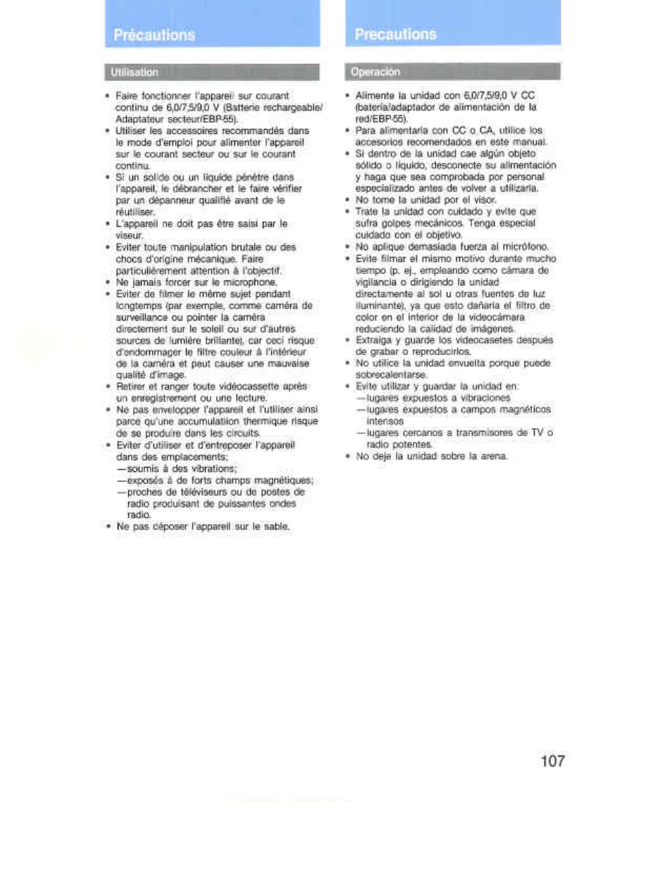 Opetación, Lugares ceroanos a bansmisores de tv o, Prsceuttons precaulionb | Sony CCD-F36 User Manual | Page 135 / 156