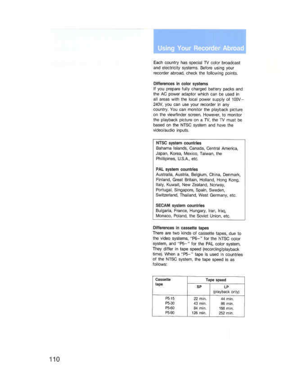 Using your recorder abroad, Eatti country has scaciol tv color broadcast, Using yow recoroer alyead | Sony CCD-F36 User Manual | Page 138 / 156