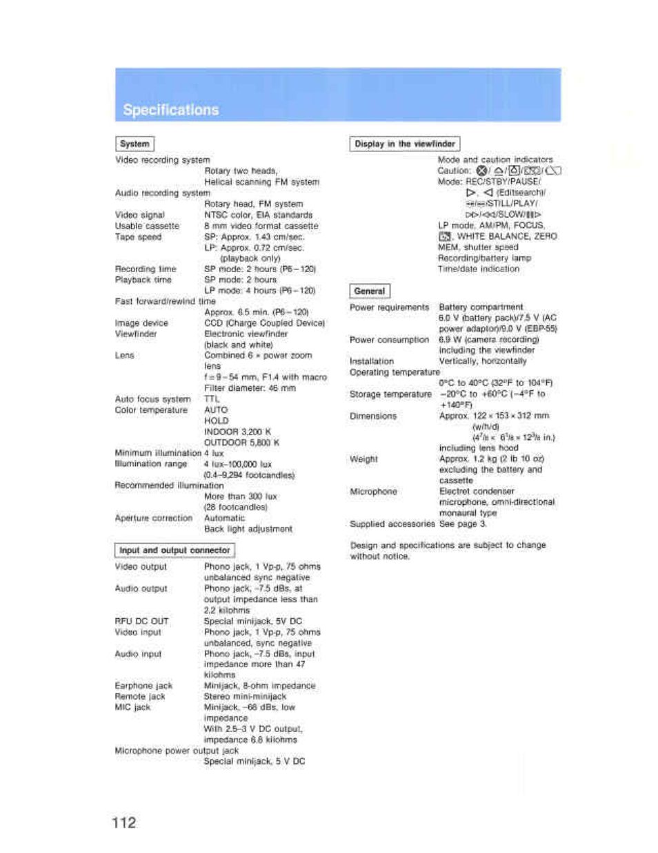 Specifu^atlons, Display w ihs vuwfmpsr i, Display | Sony CCD-F36 User Manual | Page 140 / 156